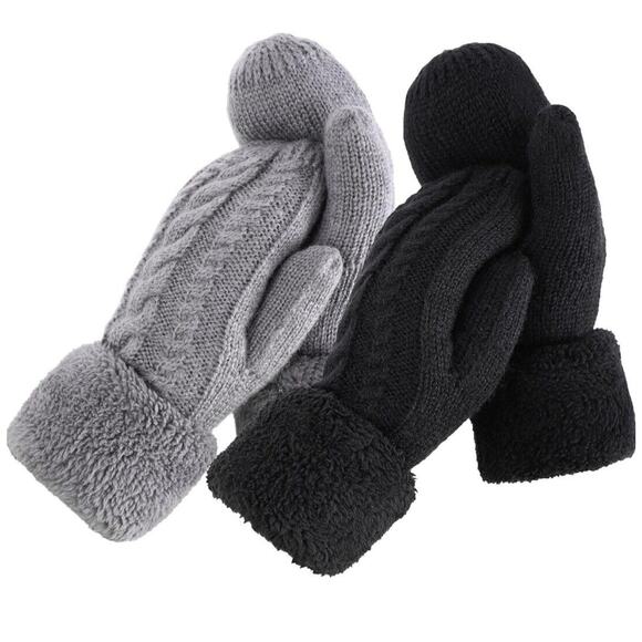 (2) Pairs Of Womens Mittens Winter Knit Fleece Gloves Mittens Cold Weather - Picture 1 of 6